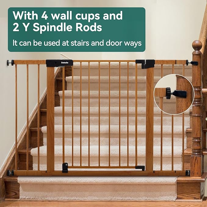 BABELIO 29-48" Metal Baby Gate with Brown Wood Pattern, Auto Close Dog Gate for The House, Stairs and Doorways, Pressure Mounted Pet Gate with Door, Safety Gate for Child and Pets-PawvioPets
