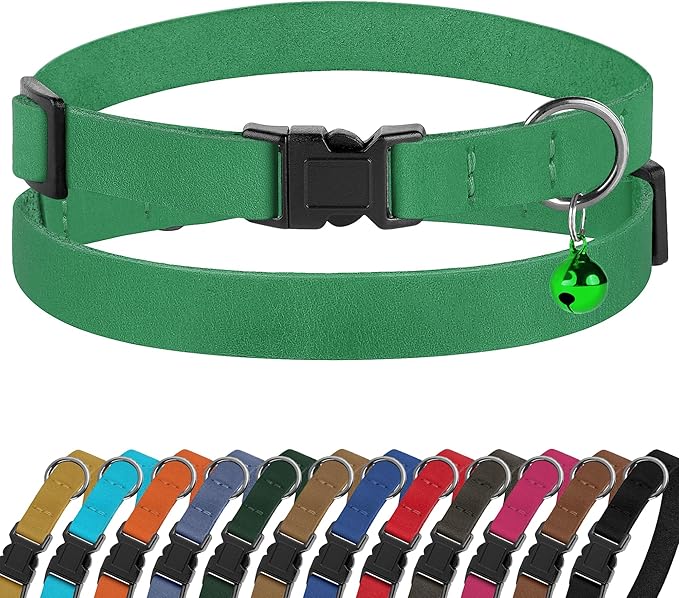 Breakaway Cat Collar Leather with Removable Bell - 13 Colors Available - Soft Adjustable Girl Boy Safety Lightweight Pet Kitten Collars Pink Brown Blue Green Red Orange Black (Green)-PawvioPets
