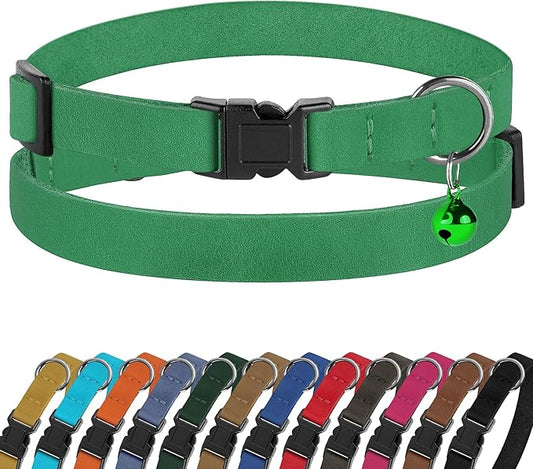 Breakaway Cat Collar Leather with Removable Bell - 13 Colors Available - Soft Adjustable Girl Boy Safety Lightweight Pet Kitten Collars Pink Brown Blue Green Red Orange Black (Green)-PawvioPets