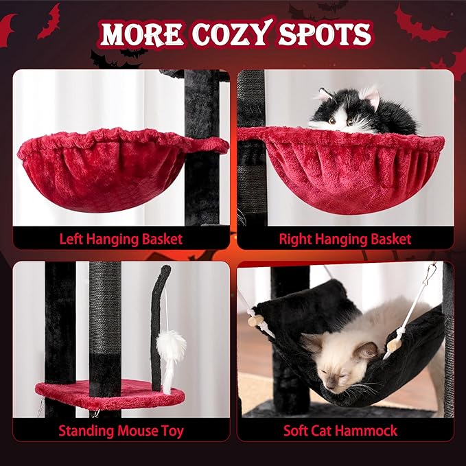 Gothic Cat Tree for Large Cats, 78.7"(200cm) Tall Cat Tower for Indoor Cats Multiple Cats with Large Top Perch, Cat Condo, Cat Hammcok, Cat Scratching Post, Black and Red GCT031BR-PawvioPets