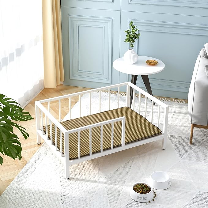 Dog Bed with Rails - Elevated Pet Metal Bed Frame with Solid Wood Board and Washable Soft Mat for Medium Dog Indoor or Outdoor Use, 25.2" x 37.8", White-PawvioPets