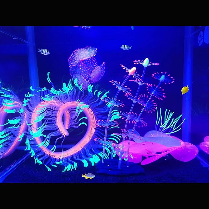 4 Pack Silicone Glowing Fish Tank Decorations Plants,Aquarium Fish Tank Glow Ornaments,Artificial Sea Anemone Coral Decor with Glowing Effect for Glow Fish Aquarium-PawvioPets