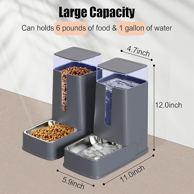 Automatic Cat Feeder and Cat Water Dispenser Set with Stainless Steel Bowls Gravity Dog Feeder for Small Medium Big Dog Pets Puppy Kitten, 3.8Lx 2-PawvioPets