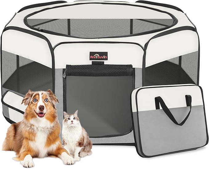 Aivituvin Dog Playpen Foldable Pet Play Pens with Carrying Bag for Cat, Puppies, Rabbits, Chickens, Durable Portable Pet Tent for Travel Camping Indoor/Outdoor Grey S-PawvioPets
