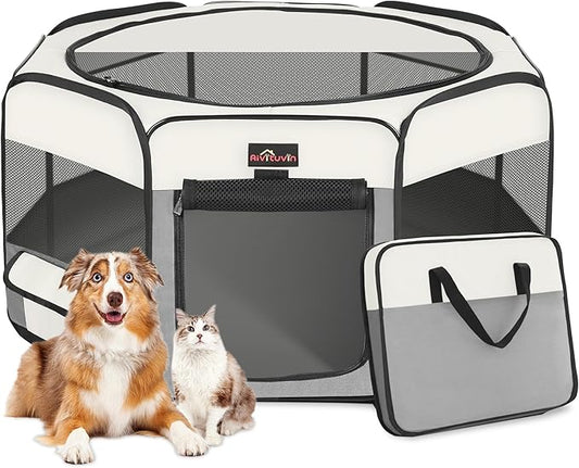 Aivituvin Dog Playpen Foldable Pet Play Pens with Carrying Bag for Cat, Puppies, Rabbits, Chickens, Durable Portable Pet Tent for Travel Camping Indoor/Outdoor Grey L-PawvioPets