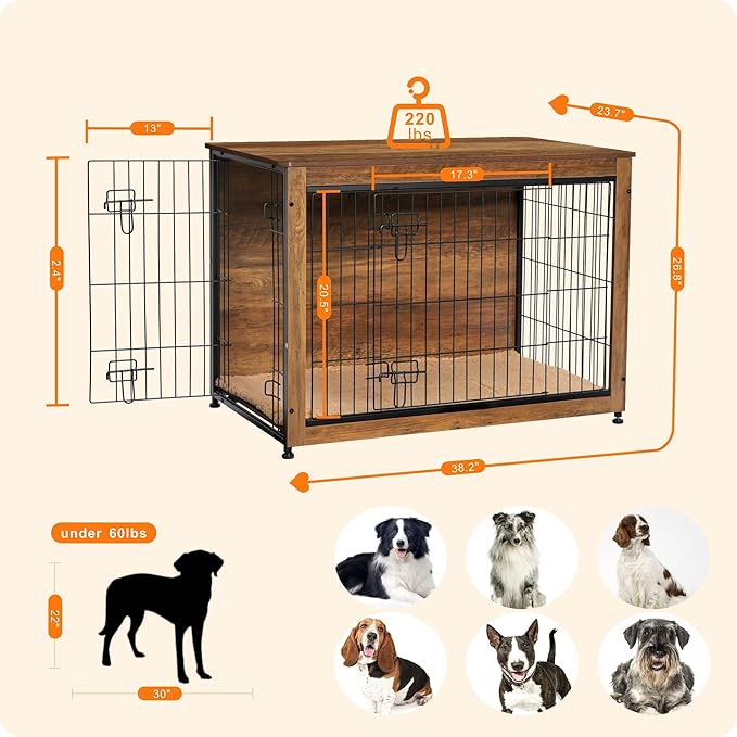 DWANTON Dog Crate Furniture with Cushion, Wooden Kennel Table with Double Doors, Indoor Dog House, Large Size, 38.5" L, Warm Brown-PawvioPets