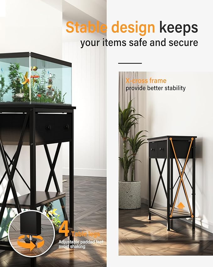 Fish Tank Stand for 5-10 Gallon Fish Tank: Aquarium Stand with Power Outlet - Metal 10 Gallon Tank Stand with Cabinet Drawer Storage for Turtle Tank, Reptile Terrarium (Black, 220LBS Capacity)-PawvioPets