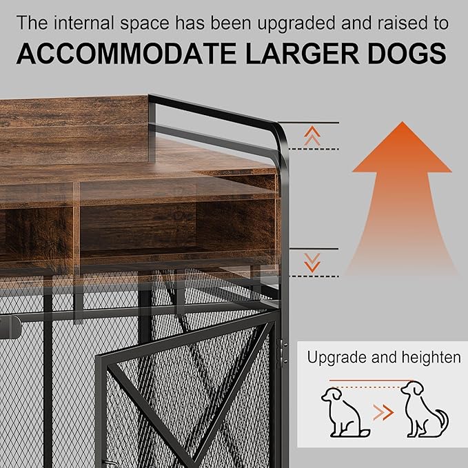 Dog Crate Furniture, 48" Heavy Duty Wooden Dog Crate End Table, XL Dog Kennel Furniture Large Breed, Decorative Dog Kennel Indoor with 3 Drawers & Steel Tubes 48" L x28 W x38 H (Rustic Brown)-PawvioPets