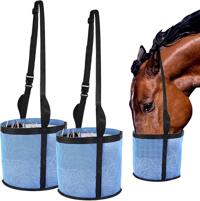 2 Pcs Horses Feed Horse Bag for Grain Hay Bags Heavy Duty Mesh Horse Feeder with Adjustable Strap Comfort Neck Pad Nose Pad and Waterproof Bottom Muzzle(Blue)-PawvioPets