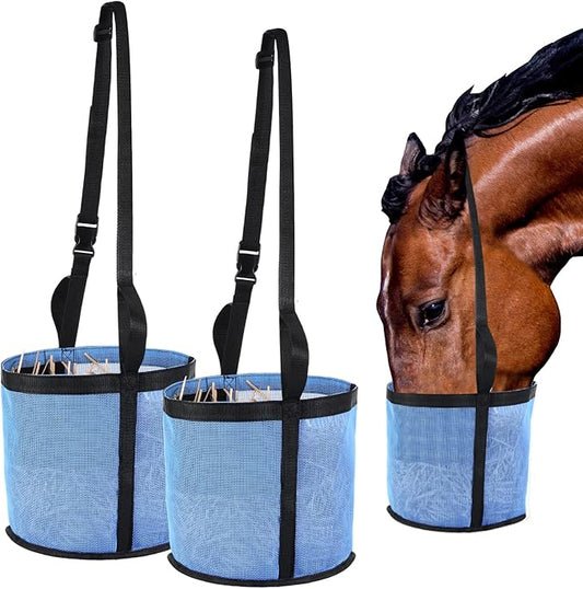 2 Pcs Horses Feed Horse Bag for Grain Hay Bags Heavy Duty Mesh Horse Feeder with Adjustable Strap Comfort Neck Pad Nose Pad and Waterproof Bottom Muzzle(Blue)-PawvioPets