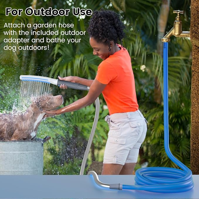 Dog Shower Attachment, Dog Washing Hose Attachment with Metal T-Diverter, Dog Bathing Supplies with 3 Spray Modes & One-Button ON/OFF Indoor and Outdoor Sprayer 8-Foot Hose-PawvioPets