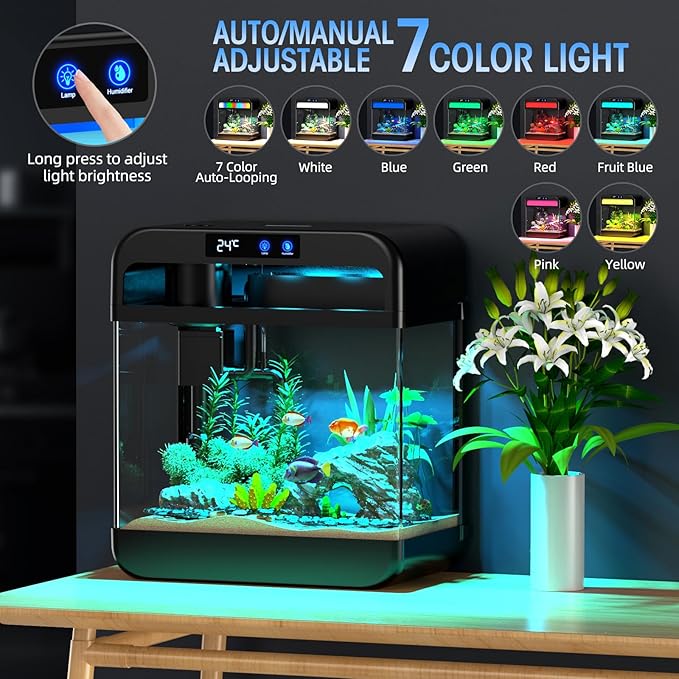 Fish Tank 2.2 Gallon Fish Bowl with Humidifier 7 Color Auto-Looping Light 3 in 1 Quiet Pump with Filteration & Oxygenation & Circulation, Temperature Display, HD Float Glass, Thickened Base-PawvioPets