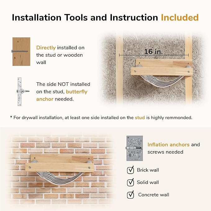 FUKUMARU Hammock Wall Mounted Cat Beds and Perches, Wooden Kitten Walls Furniture, Stable Cats Shelves for Sleeping, Playing, Climbing, and Lounging, Black Stripe-PawvioPets