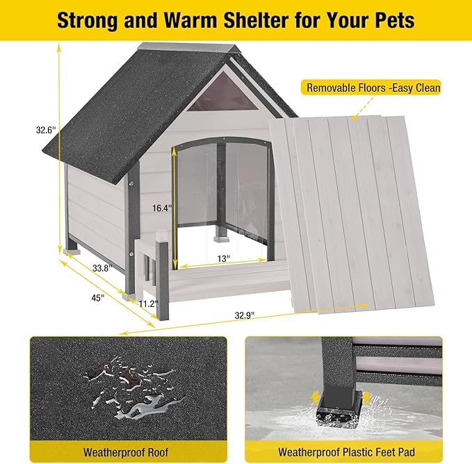 Aivituvin Dog House Outdoor with Metal Frame, Dog Kennel Outside for Small to Medium Breed, 45" Weatherproof Large Dog Shelter with Anti-Chewing Iron Frame, White (45" D x 32.9" W x 32.6" H)-PawvioPets