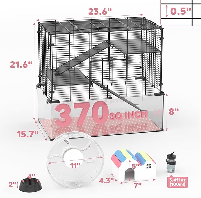 3-Tier Glass Hamster Tank, Large Hamster Cage Habitat with 11inch Big Running Wheel for Rat, Mouse, Gerbil, Syrian Hamster, 370 SQ INCHES-PawvioPets