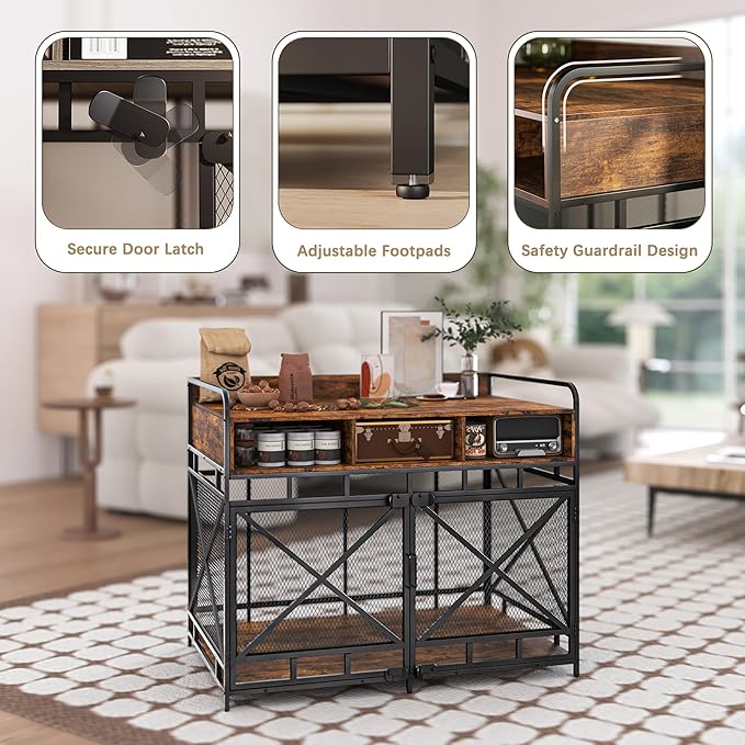 Dog Crate Furniture, 43" Heavy Duty Wooden Dog Crate End Table, XL Dog Kennel Furniture Large Breed, Decorative Dog Kenne Indoor with 3 Drawers & Steel Tubes 43" L x28 W x36 H (Rustic Brown)-PawvioPets