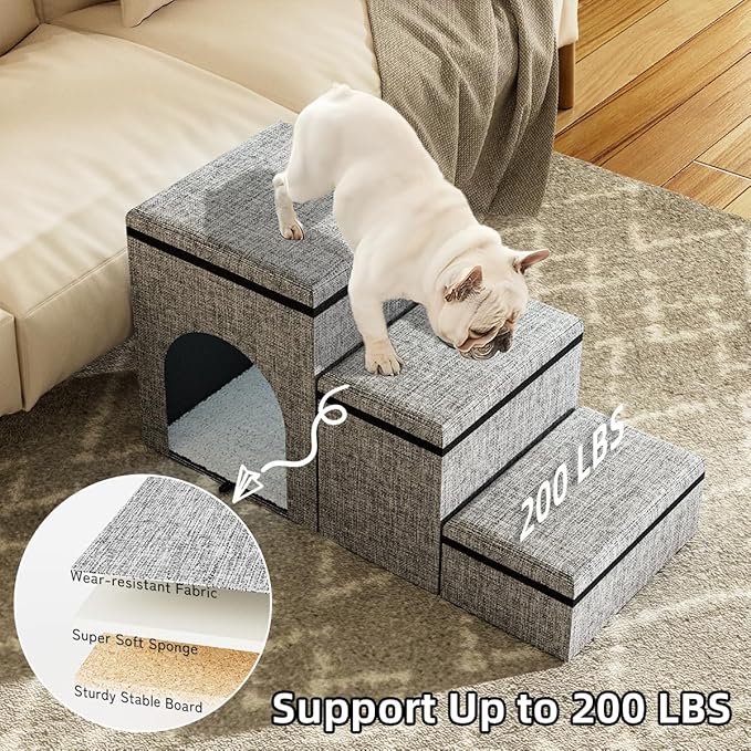 Dog Stairs with Storage, 3-Step Wider Dog Steps with Condo for Dogs and Cats, Pet Stairs for High Bed Climbing, Grey-PawvioPets