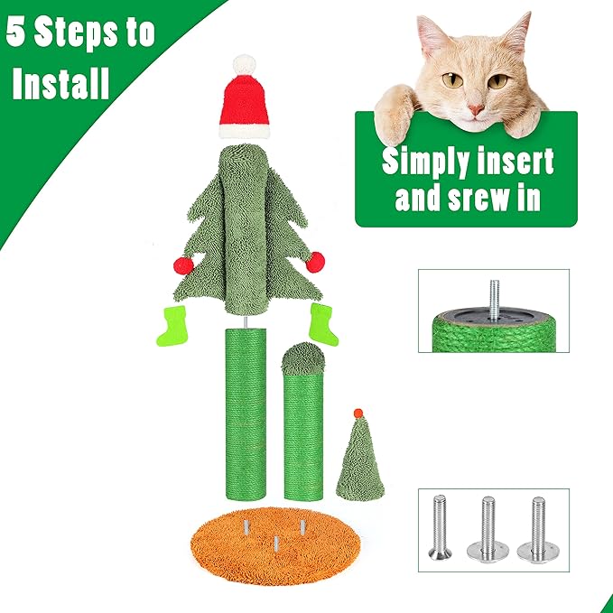 32” Cat Scratching Post, Tall Christmas Tree Cat Scratcher with 3 Posts and Cute Dangling Teaser Balls, Natural Sisal Rope Cat Toys for Kitty and Adult Cats-PawvioPets