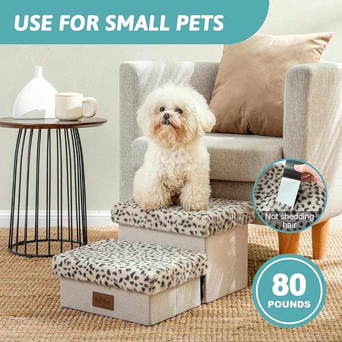 Dog Stair for Small Dogs with Storage, Foldable Pet Stairs for Medium or Puppy Dogs and Older Cats, Dog Steps for Bed or Couch with Soft Cover, 19.7x13x9.6 inch, 2 Tiers, Leopard-PawvioPets