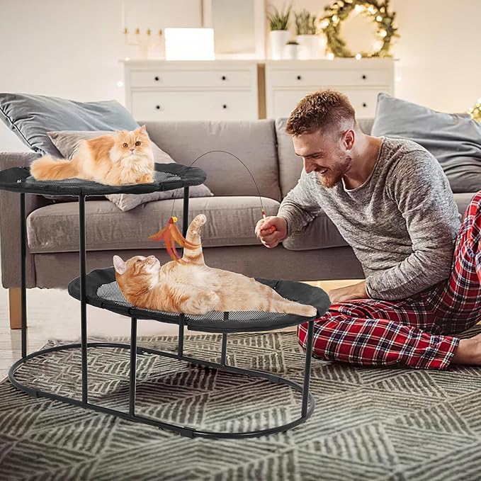 Defined Deco 2 Tier Elevated Cat Hammock Bed, Furniture Cat Bed Breathable Comfortable, Raised Cool Ca t Hammock for Indoor Cats, with Removable Mesh and Steel Frame for Summer-PawvioPets