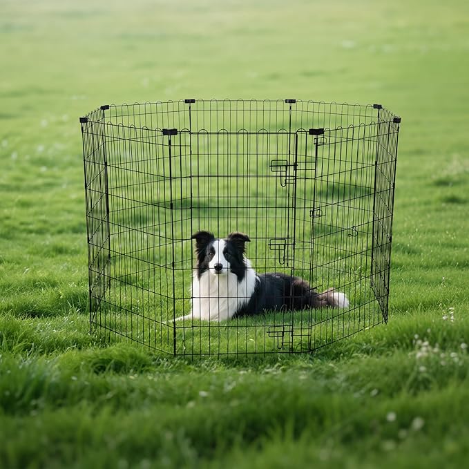Amazon Basics Foldable Octagonal Metal Exercise Dog Playpen - Indoor/Outdoor, Single Door, Large (8 Panels, 24 x 42), Easy to assemble and store, 42" - Large, Black-PawvioPets
