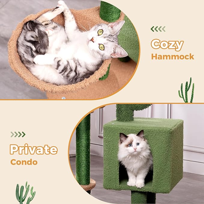 Cactus Cat Tree Small Cat Tower with 32 Inches Scratching Post with Cats Condo House, Cozy Hammock and Removable Top Bed and Dangling Ball for Indoor Cats-34” Green-PawvioPets