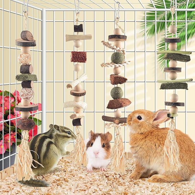 4 Pcs Bunny Chew Toys for Teeth, Hanging Rabbit Chewing Toy Treats with Timothy Grass & Natural Apple Wood, Improve Small Rodent Dental Health for Guinea Pig Hamster Chinchilla Rat Gerbil-PawvioPets