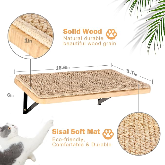 Cat Floating Wall Shelf with Scratching Mat, 1PC 9.7X16.6 Inch Large 1 Inch Thick Wood Cat Window Perches Hanging Shelves Wall Mounted Beds for Sleeping, Playing, Climbing, Support to 30 LBS-PawvioPets