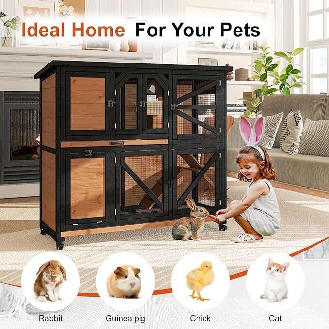 47.3" Two Story Rabbit Cage Bunny Cage Indoor, Wooden Rabbit Hutch Hamster Cages for Small Animals, Outdoor Guinea Pig Cages with Wheels & 2 Removable Trays & Bottom Wire Mesh-PawvioPets