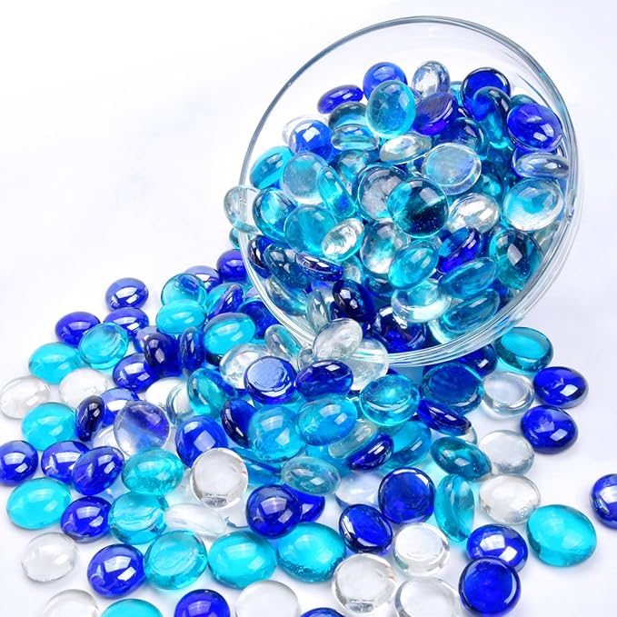 2LB Blue Mix Flat Glass Marbles for Vases, Mancala Stones Gemstone Beads Vase Filler Decorative Glass Pebbles for Fish Tank, DIY Crafts, Aquarium Decor Rocks-PawvioPets