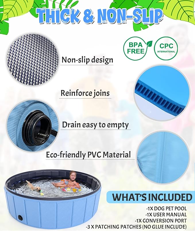 Giant Dog Pool 97"x16", Hyperzoo Foldable Dog Swimming Pool, Hard Plastic PVC Leakproof Doggie Wading Collapsible Pet Bathing Tub for Puppy Small Medium Large Dogs and Kids, Blue-PawvioPets