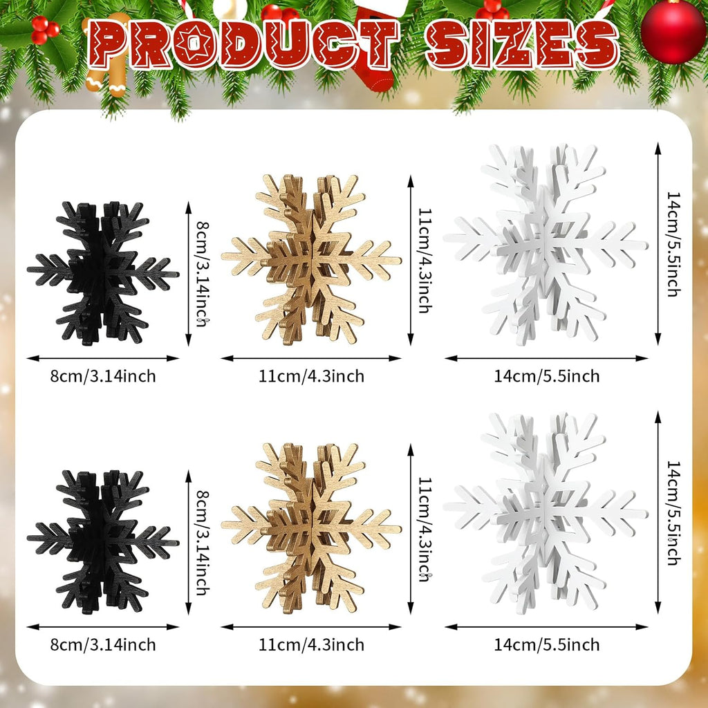 Bucherry 12 Pcs Wooden Snowflake Table Decor 3D Snowflake Tabletop Signs and Centerpiece for Christmas Xmas Winter Wonderland Decorations Home Party(White, Gold, Black)