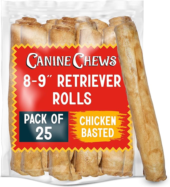 Canine Chews 8-9" Chicken Basted Dog Rawhide Retriever Rolls (25 Pack) - USA-Sourced Chicken Basted Dog Chews - Healthy Dental Chews-PawvioPets