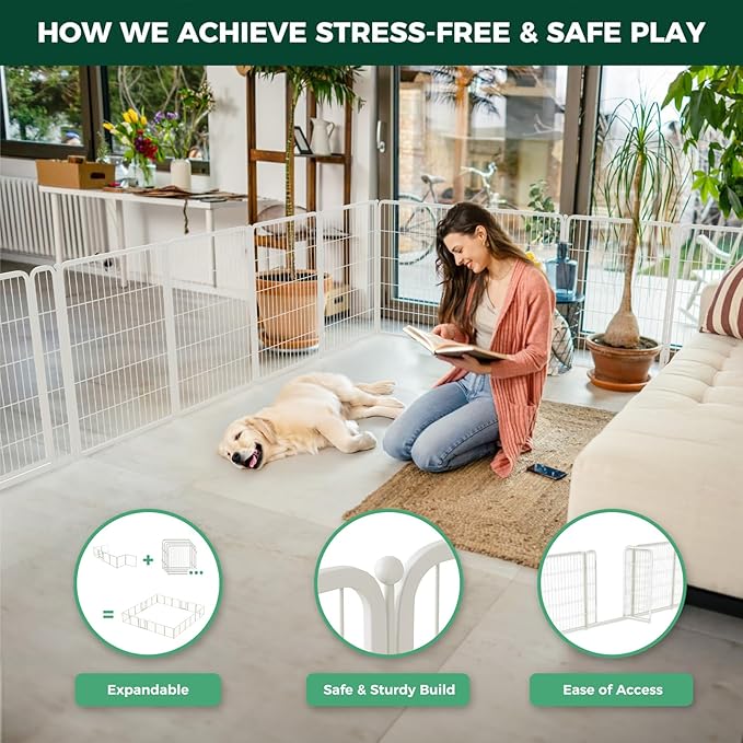 FXW Homeplus Unleashed Indoor Dog Playpen - Stress-Free and Safe Play, Heavy Duty 40 Inch 6 Wire Panels Dog Pen for Medium and Large Dogs, White│Patented-PawvioPets
