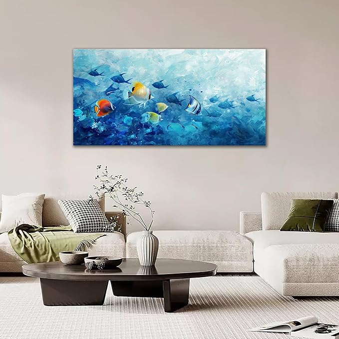 Extra Large Wall Art Tropical Fish Canvas Living Room Pictures Framed Prints Ocean Blue Oversize Wall Decor Animal Painting Artwork for Bedroom Dining Office Home 60"x30"-PawvioPets