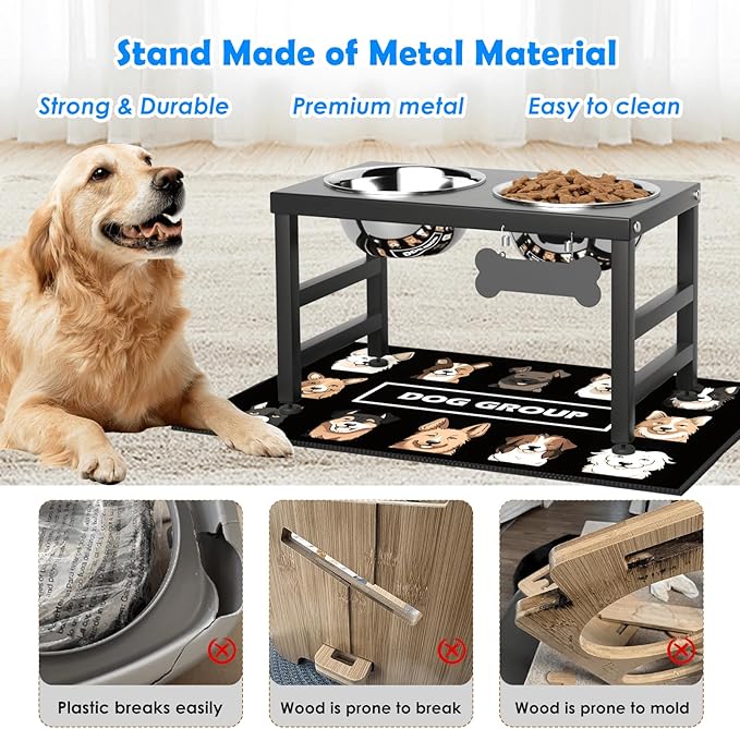 Elevated Dog Bowls, 10" Tall Height, Raised Bowl Stand with 2 Stainless Steel Food Feeder Bowls (58oz) and Spill-Proof Mat for Medium Large and Small Breeds-PawvioPets