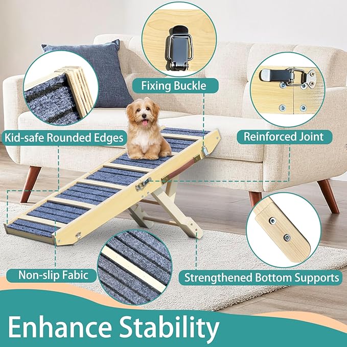 Dog Ramp for Bed, Upgraded 33" Long Portable Dog Ramp for Couch, Wood Folding Pet Ramp for All Breeds Small Old Dogs to Get on Bed, 4 Adjustable Heights 12.9" to 17.7"(Wood, Up to 50lbs)-PawvioPets