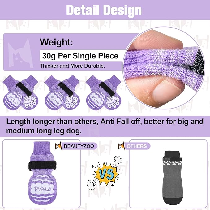 BEAUTYZOO Anti Slip Dog Socks for Small Medium Large Dogs with Grips Straps on Hardwood Floor Protection Wear, Traction Control 3 Pairs Double Side Paw Protector to Prevent Licking for Girl or Boy-PawvioPets