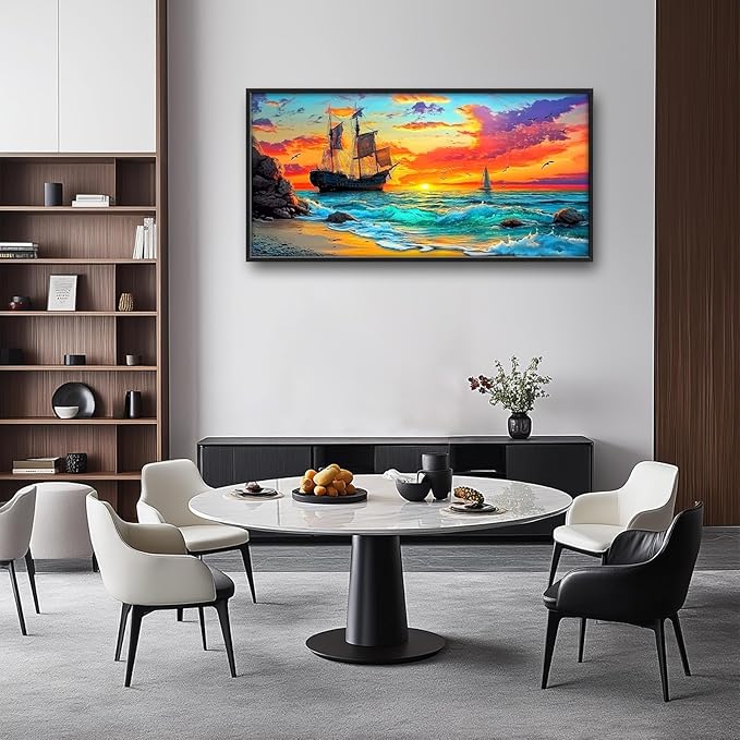 Framed Large Ship Wall Art for Living Room, Oversized Coastal Beach Boat Wall Decor Nautical Seascape Sailboat Canvas Painting Modern Artwork Home Decoration for Living Room Bedroom 60"x30"-PawvioPets