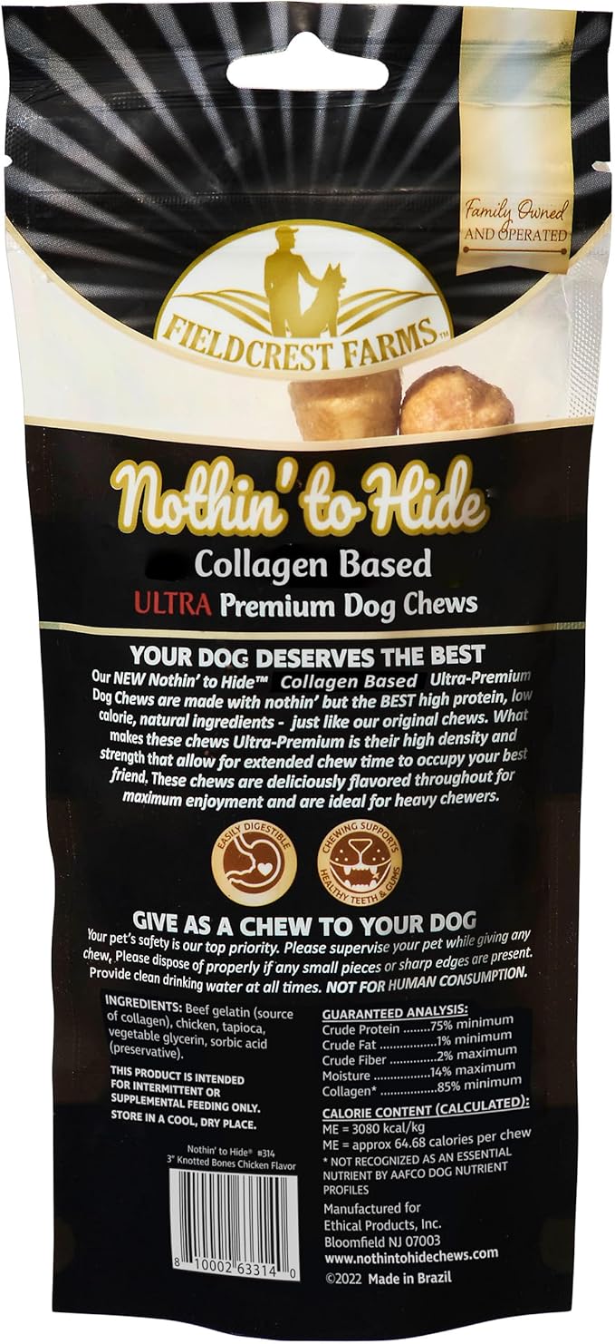 Fieldcrest Farms Nothin' to Hide 3 inch Ultra Knotted Bone Treats - Natural Rawhide Alternative Treats for Dogs, Collagen Based Snack for Heavy Chewers up to 15lbs - Chicken Flavor, 12 Pack-PawvioPets