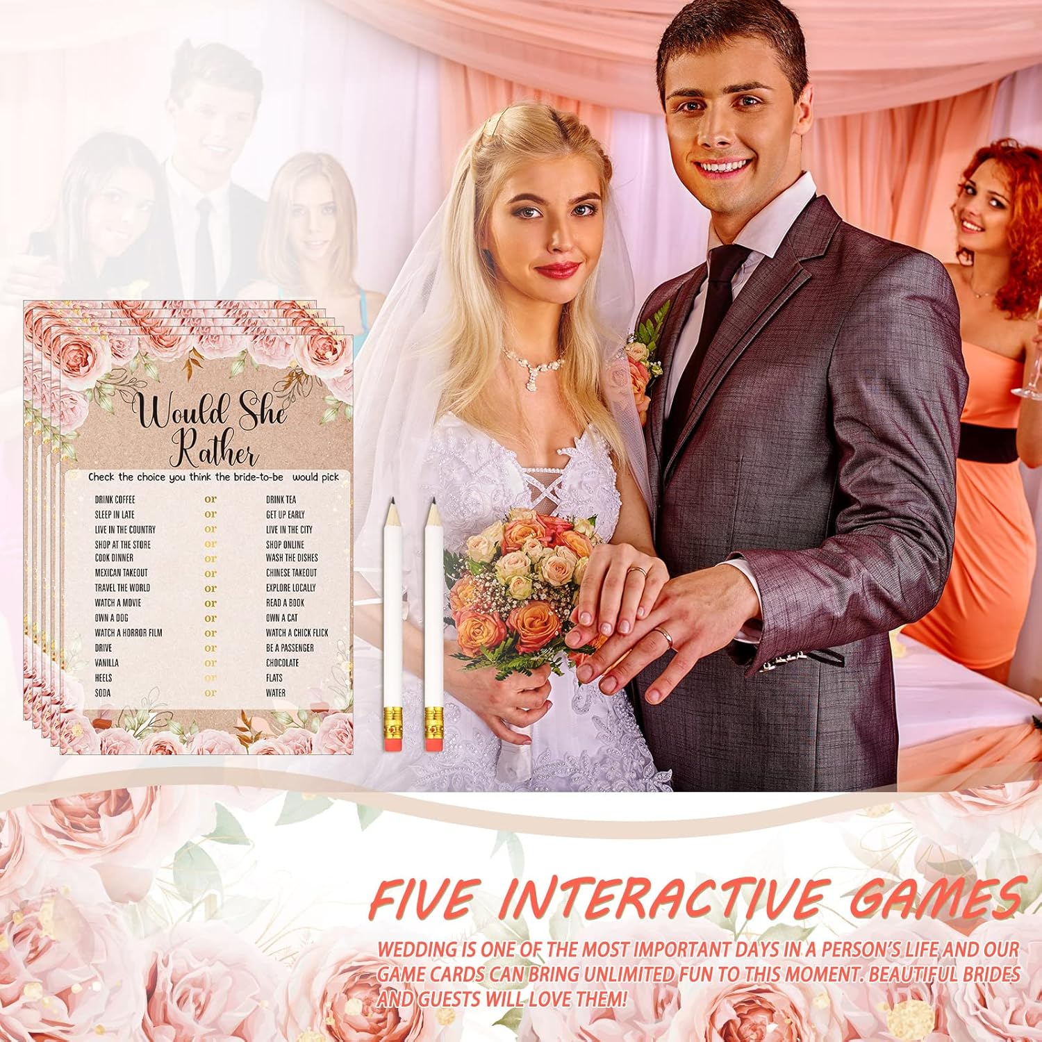 Teling 145 Pieces Bridal Shower Game Bridal Shower Favors Set Wedding Games Cards and Pencils for Bride Groom Bachelorette Party Wedding Party Favor(Rose Style)