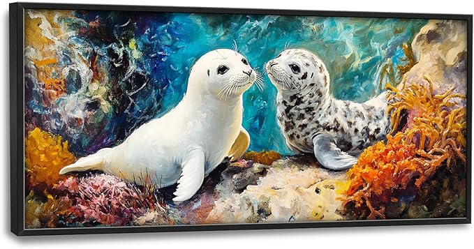 Extra Large Seal Framed Wall Art for Living Room,Oversized Underwater Animal Pictures Wall Decor,Ocean Coral Reef Canvas Print Painting Modern Artwork Bedroom Office Bathroom 60L" x 30W"-PawvioPets