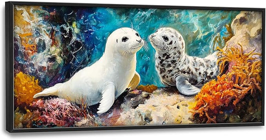 Extra Large Seal Framed Wall Art for Living Room,Oversized Underwater Animal Pictures Wall Decor,Ocean Coral Reef Canvas Print Painting Modern Artwork Bedroom Office Bathroom 60L" x 30W"-PawvioPets