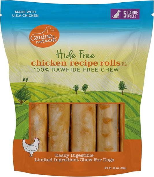 Canine Naturals Chicken Recipe Chew - Rawhide Free Dog Treats - Made from USA Raised Chicken - All-Natural and Easily Digestible - 5 Pack of 7 Inch Large Rolls for Dogs 50-75lb-PawvioPets