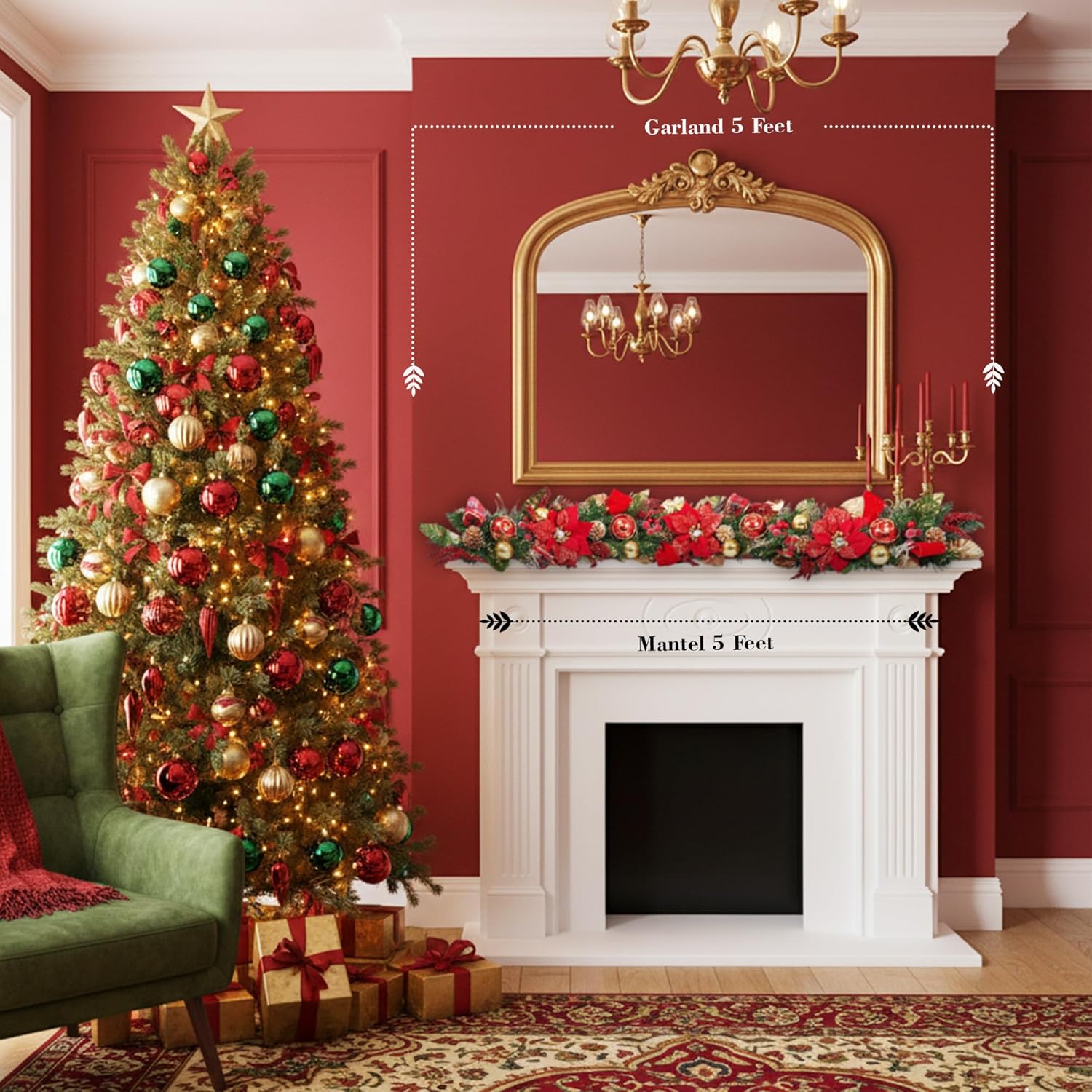 5 ft Christmas Garland for Mantle Unlit Garland for Stairs Railing, Banister, Staircase, Fireplace, for Table No Light, Garland Decor Frosted Red Poinsettia Holiday Tree (Decorated Red Poinsettia)