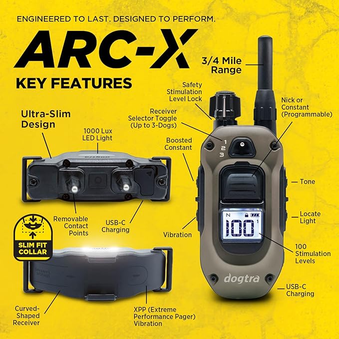 Dogtra ARC-X E-Collar for Dog Training - 3/4 Mile Range, for Dogs 15 lbs+, Slim Design, IPX9K Waterproof, 100 Stimulation Levels, Vibration, Tone, Rechargeable - Dog Owners and Professional Trainers-PawvioPets