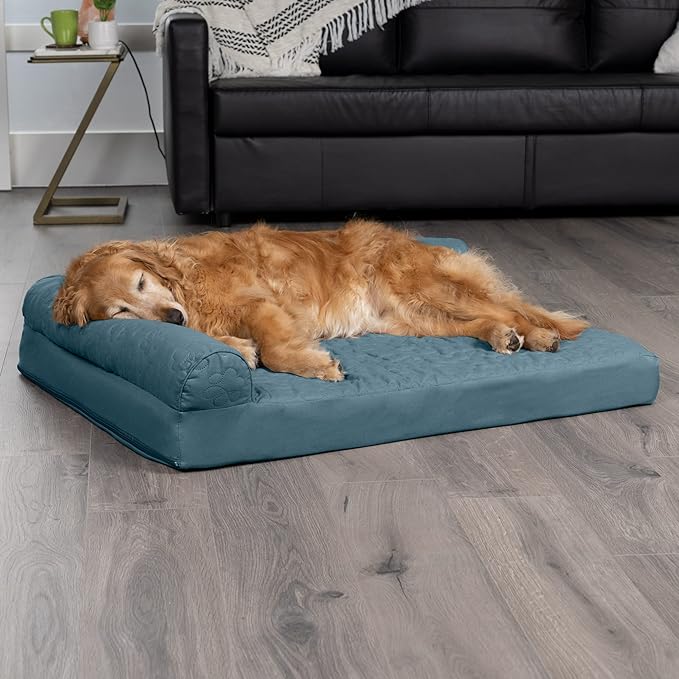 Furhaven Cooling Gel Dog Bed for Large Dogs w/ Removable Bolsters & Washable Cover, For Dogs Up to 95 lbs - Pinsonic Quilted Paw L Shaped Chaise - Bluestone, Jumbo/XL-PawvioPets