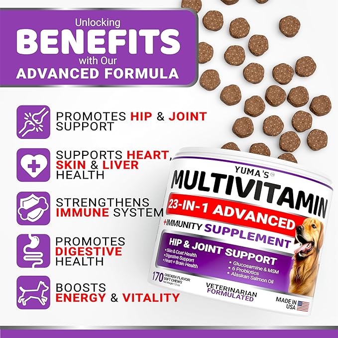 Dog Multivitamin Chewable with Glucosamine - Dog Vitamins and Supplements - 170 Treats - Senior & Puppy Multivitamin for Dogs - Hip & Joint Support - Immune Health, Skin, Heart, Digestion, Probiotics-PawvioPets