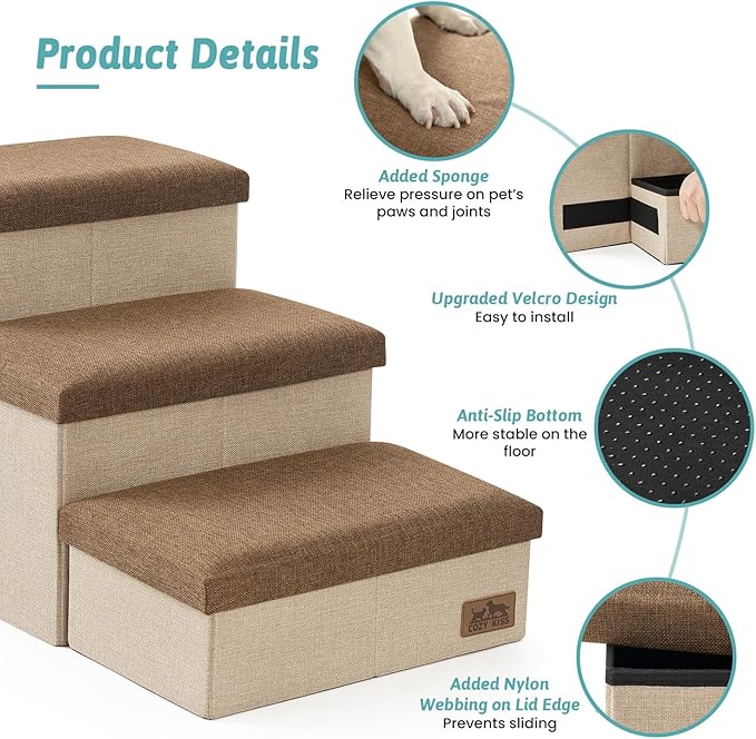 Dog Stairs with Storage, 4-Step Wider Sturdy Dog Steps for Small/Medium/Large Dogs and Older Cats, Folding Doggie Ramp for Bed/Couch/Car Hold Up to 180 lbs (22" H, Brown)-PawvioPets