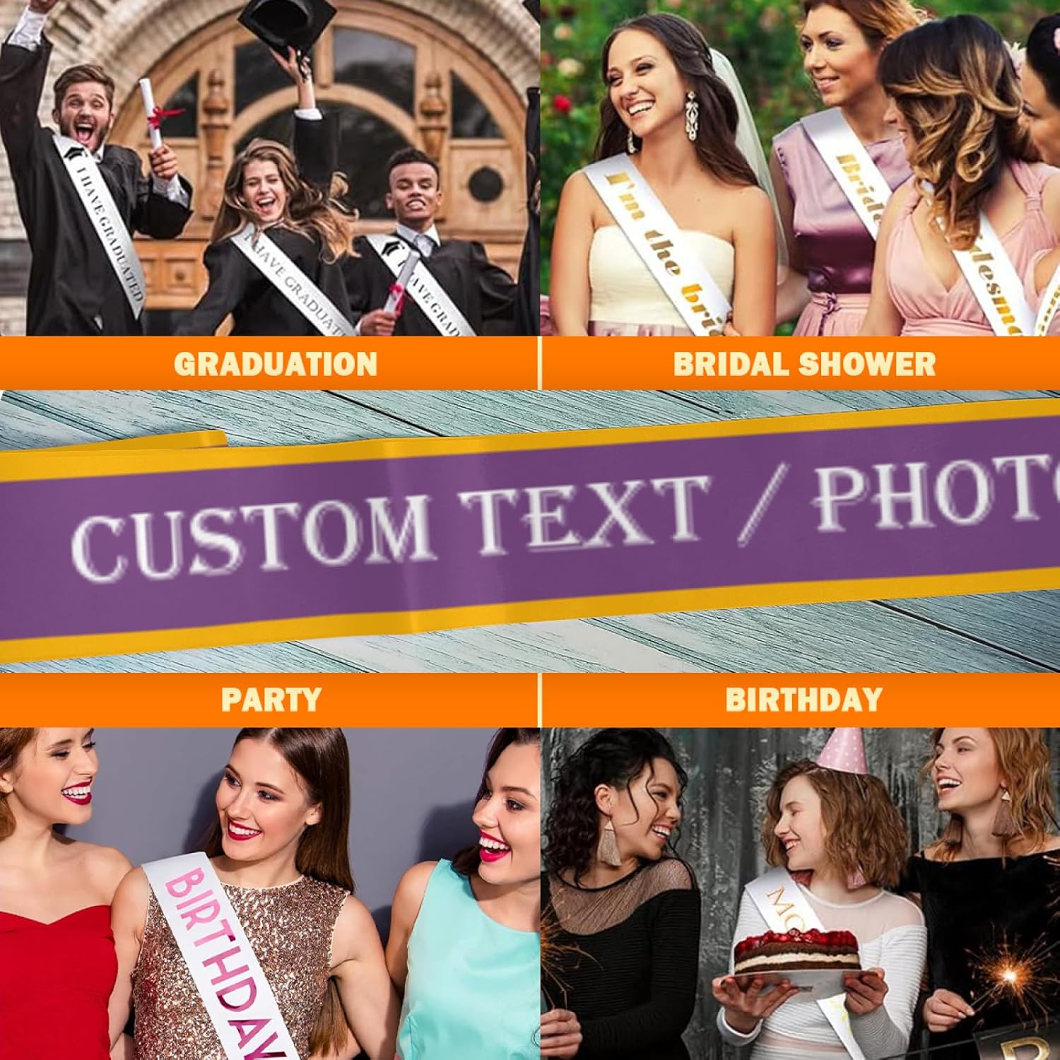 Custom Sash,Personalized Birthday Sash with Text Photo,Customized Bachelorette Sash Quote Sash Bride to Be Sash Color Optional (With decorative edge, Purple)